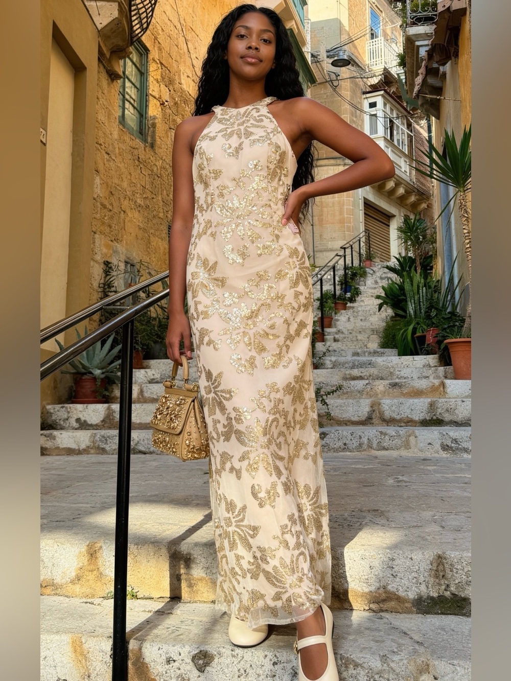 Sleeveless Champagne Sequin Maxi Dress